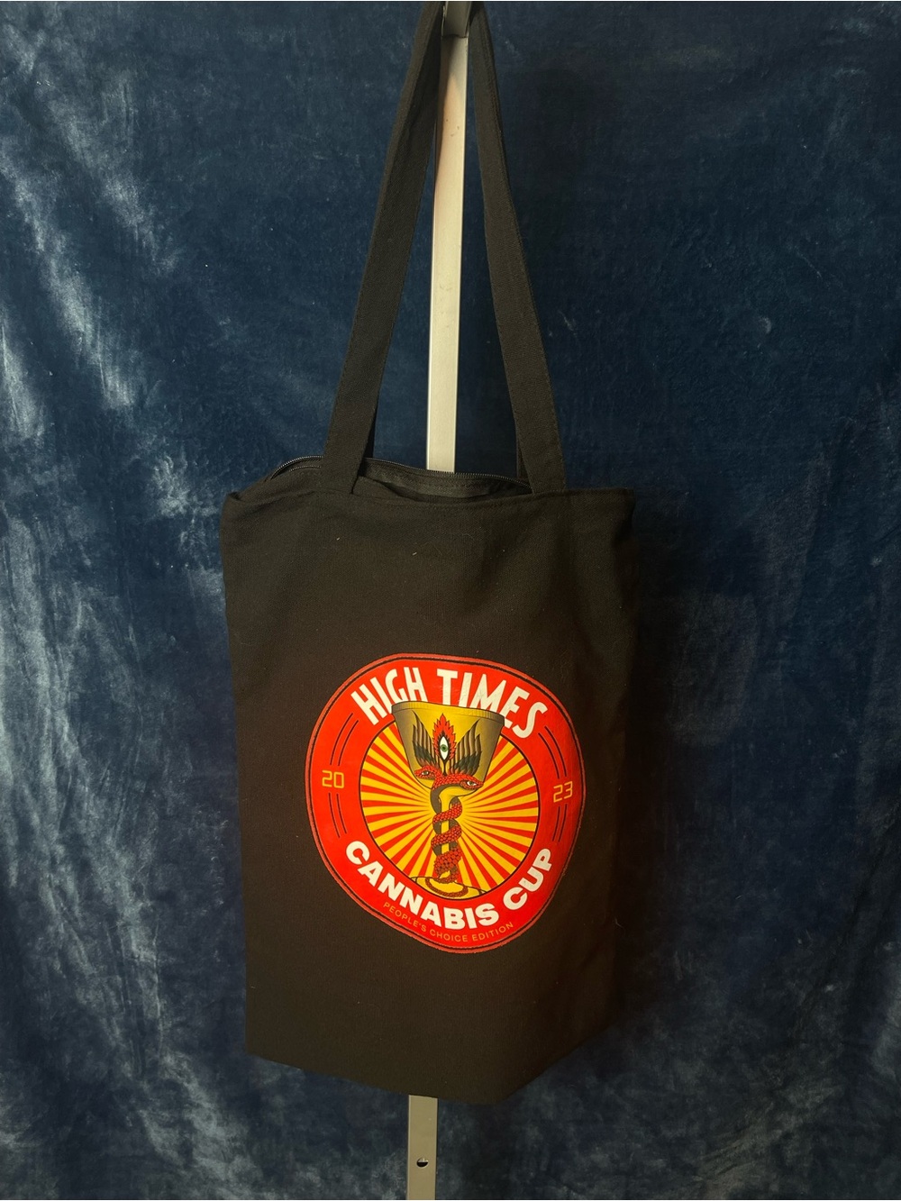 Black Canvas Tote Bag with Red Cannabis Cup Emblem